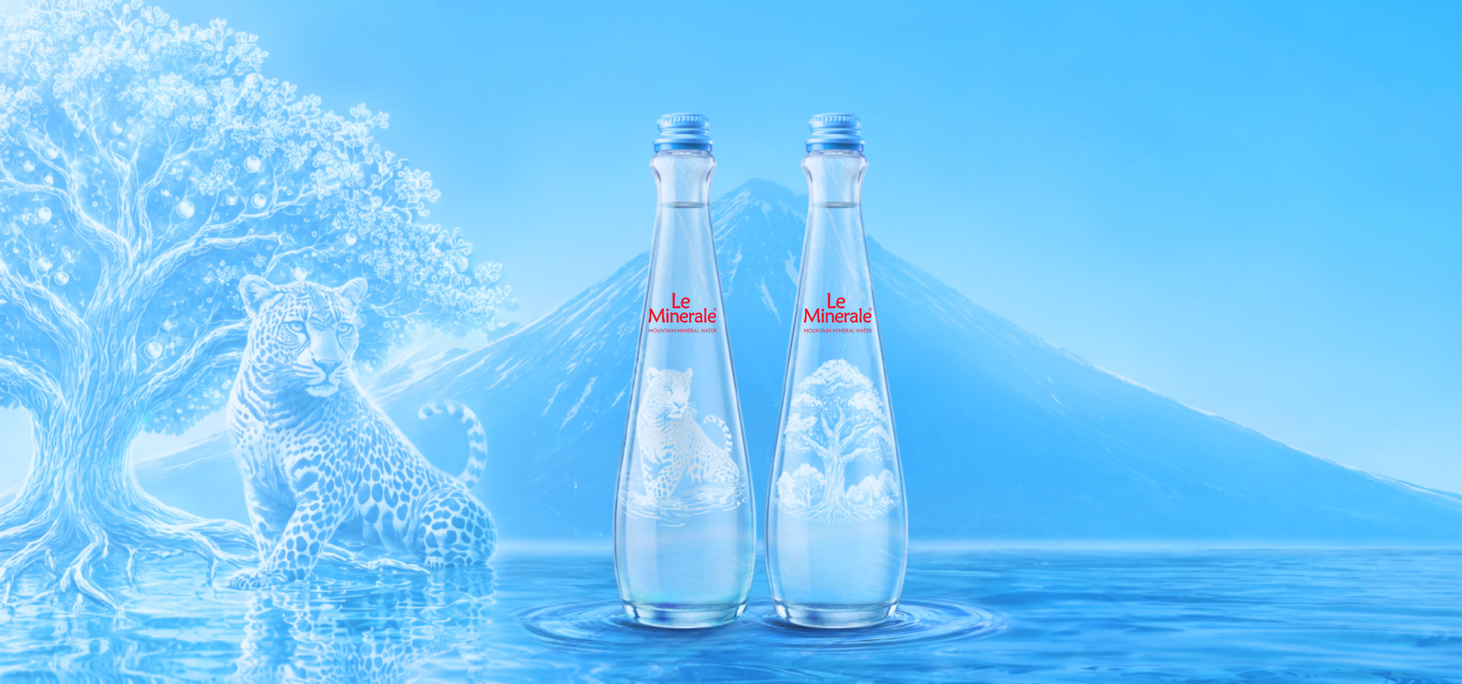 Le Minerale bottles before a mountain, fig tree, and leopard